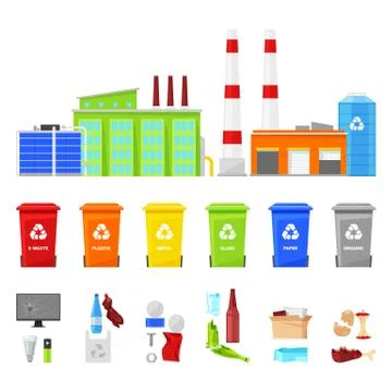 Sorting and recycling waste, vector flat illustration. Waste plant, plastic, Stock Illustration