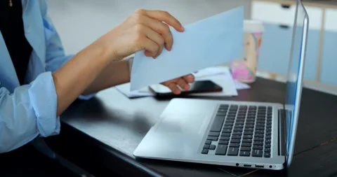 Sorting envelopes and bills on desk. Individual arranging invoices and documents Stock Footage 344739579