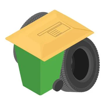Sorting garbage icon isometric vector. Worn car tire old envelope and metal urn 库存插图