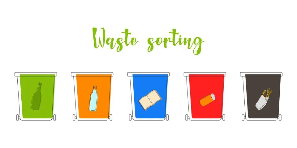 Sorting garbage. Separation in colored trash cans. Stock Illustration