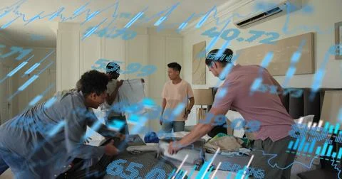Sorting men packing casual clothes on king-size bed in hotel room, blue cap and Stock Photos