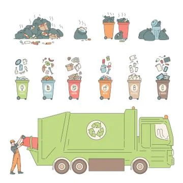 Sorting recycling waste cans and bags. Worker unloads container into garbage Stock Illustration