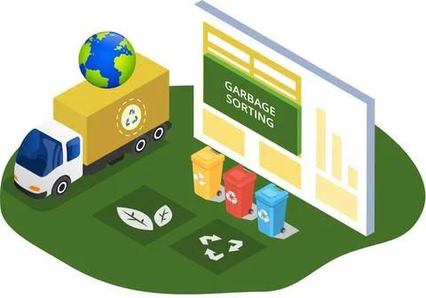 Sorting rubbish, caring and saving planet. Green technology ecosystem Stock Illustration