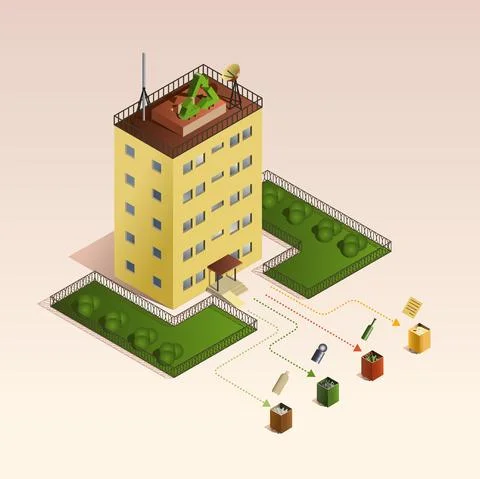 Sorting trash for recycling. Recyclable waste is separated into different con Stock Illustration