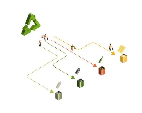 Sorting trash for recycling. Recyclable waste is separated by people into dif Stock Illustration