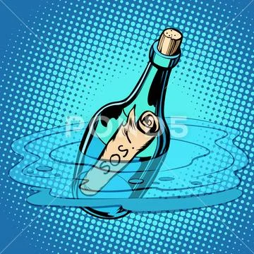 SOS bottle with note, sea Stock Illustration