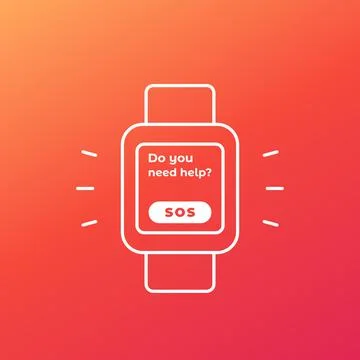 Sos button, emergency app in smart watch, vector Stock Illustration