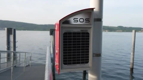 SOS Emergency Call Box with Solar Panel by the Water Stock Footage 335718498