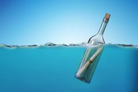 SOS message in bottle floating in sea. 3D rendered illustration. 스톡 일러스트