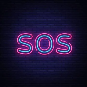 Sos neon text vector design template. Sos neon sign, light banner design element Stock Illustration