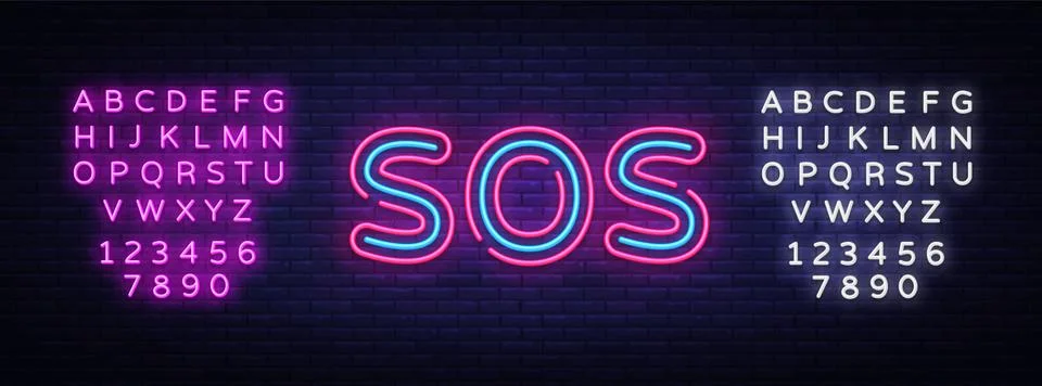 Sos neon text vector design template. Sos neon sign, light banner design element Stock Illustration