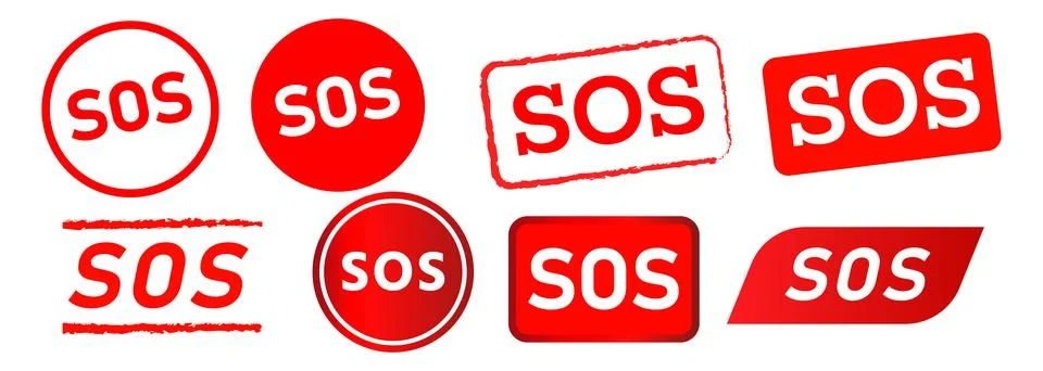 Sos rectangle circle stamp and button label sticker for warning emergency Stock-Illustration