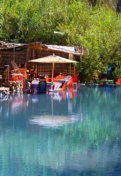 Souks installed on the small river of the Vallée du Paradis Stockfoto's