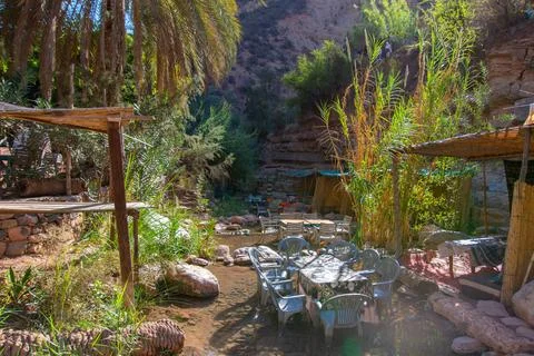 Souks installed on the small river of the Vallée du Paradis Stockfoto's