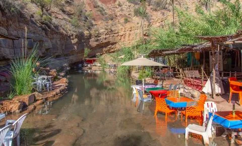 Souks installed on the small river of the Vallée du Paradis Stockfoto's