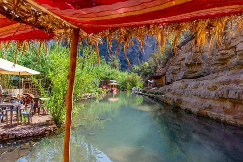 Souks installed on the small river of the Vallée du Paradis Stockfoto's