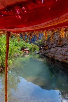 Souks installed on the small river of the Vallée du Paradis Stockfoto's