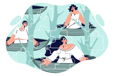 Souls of dead people float along river with trees, sitting in boats and heading Stock Illustration
