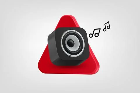 Sound cabinet with notes on red triangle. Vector 3d application icon Stock Illustration