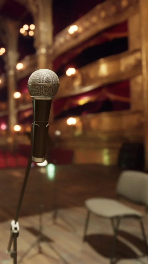 Sound check before performance at theater with empty stage and microphone Stock Footage 339505113