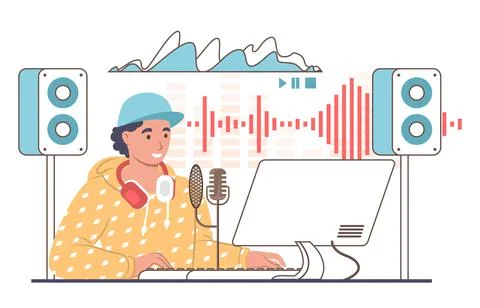 Sound designer, engineer creating sound tracks in studio, vector illustration イラスト素材