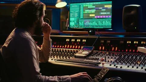Sound designer processing and mixing tunes in control room Stock Photos