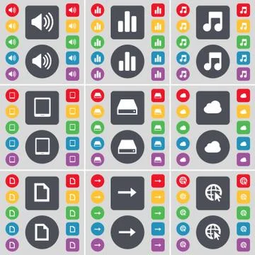 Sound, Diagram, Note, Tablet PC, Hard drive, Cloud, File, Arrow right, Web curso Stock Illustration
