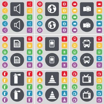 Sound, Earth, Camera, File, Mobile phone, Bus, Fire extinguisher, Cone, Retro TV Stock Illustration