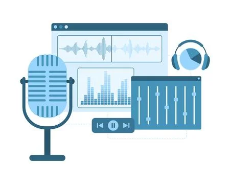 Sound editing with hardware and software, mobile apps, microphone for audio イラスト素材