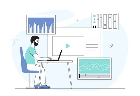 Sound engineer with laptop. Guy at workplace makes music and masters track Stock Illustration