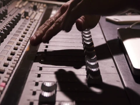 Sound Engineer on Mixing Console, Control Knobs Stock Footage 74652800