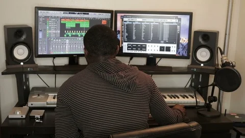 Sound Engineer Mixing in Recording Studio 01 Stock Footage 91875127