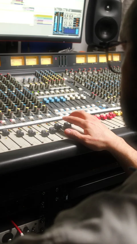 Sound Engineer Operating Mixing Desk at Work in Recording Studio Stock Footage 334394278