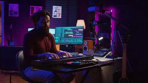 Sound engineer playing electronic piano keyboard and recording sounds Stock Photos