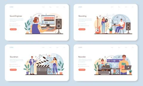 Sound engineer web banner or landing page set. Music production industry Stock Illustration