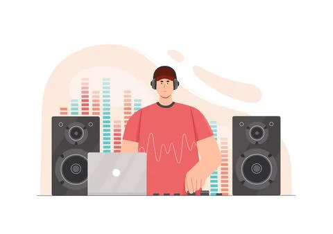 Sound engineer at work in studio, composer working with multimedia software Stock Illustration