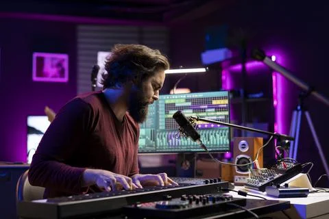 Sound engineer working in home studio with daw software interface Foto stock