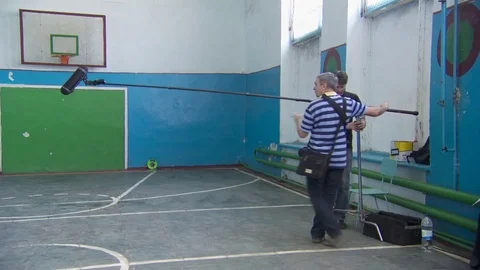 Sound engineers installed a microphone on a high tripod Stock-Footage 70137473