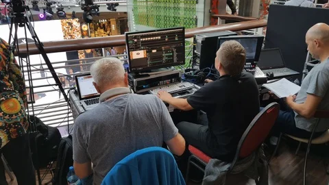 Sound engineers working on the show Stock Footage 98605892