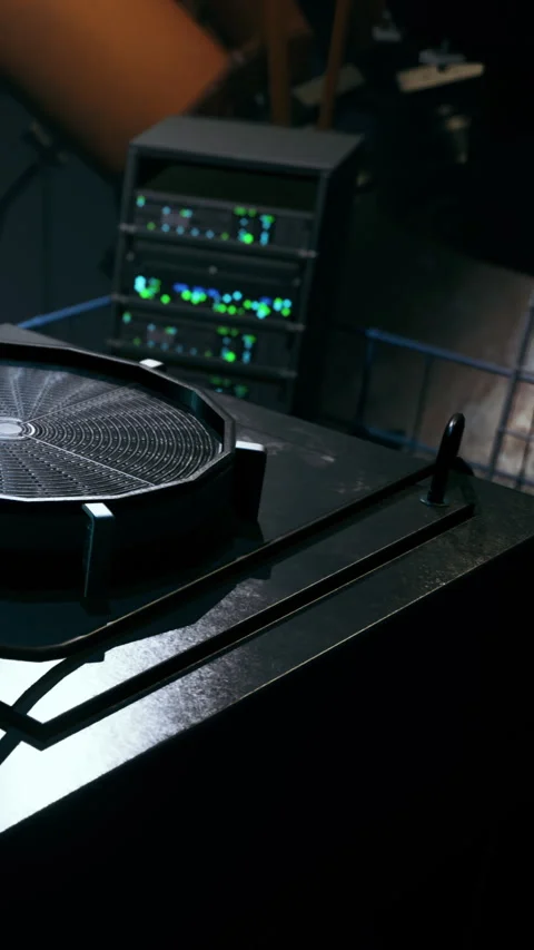 Sound equipment in a recording studio with computer servers in the background Stockbeeldmateriaal 337951840