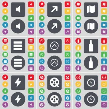 Sound, Full screen, Map, App, Arrow up, Bottle, Flash, Videotape, Compass icon s Stock Illustration