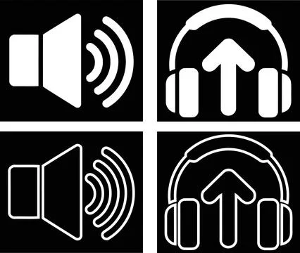 Sound Icon Set, Volume Speaker Wave and Headphone Upload Symbol White on Bl.. 스톡 일러스트