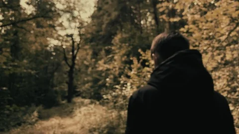 With sound. Man in a black jacket walking  in the woods on a sunny day. Video stock 113094196