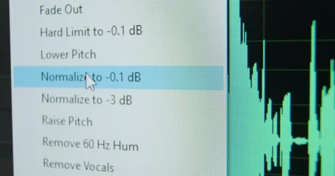 Sound manager chooses Normalize to -3dB in drop-down menu Video stock 140963574