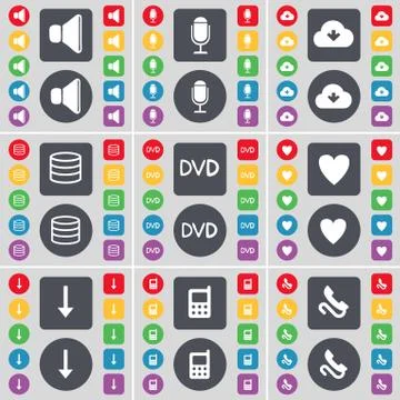 Sound, Microphone, Cloud, Database, DVD, Heart, Arrow down, Mobile phone, Receiv 스톡 일러스트