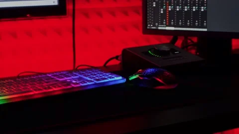 Sound mixer control panel with illuminated keyboard closeup Video stock 204825245