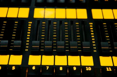 Sound mixer control panel prodaction, close up. Stock Photos