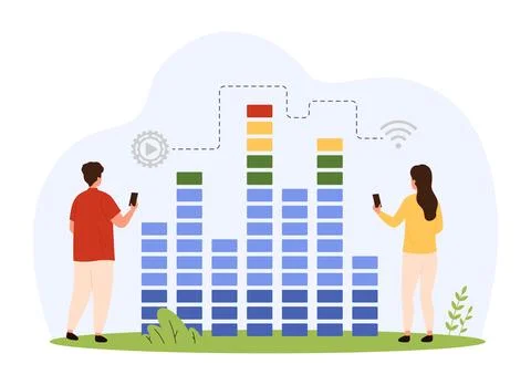 Sound mixer software, tiny people record and listen music or voice in audio 스톡 일러스트