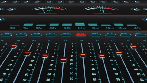 Sound mixer with volume unit, equalizer, buttons and slide control. Vídeo Stock 296130921