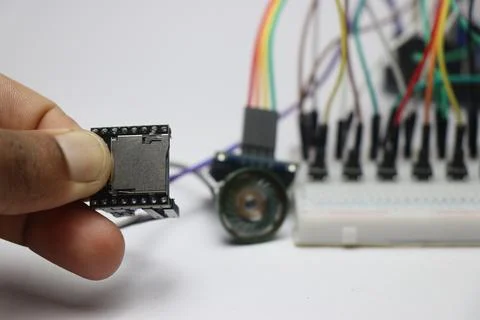 Sound module connected to breadboard circuit prototype Stock Photos